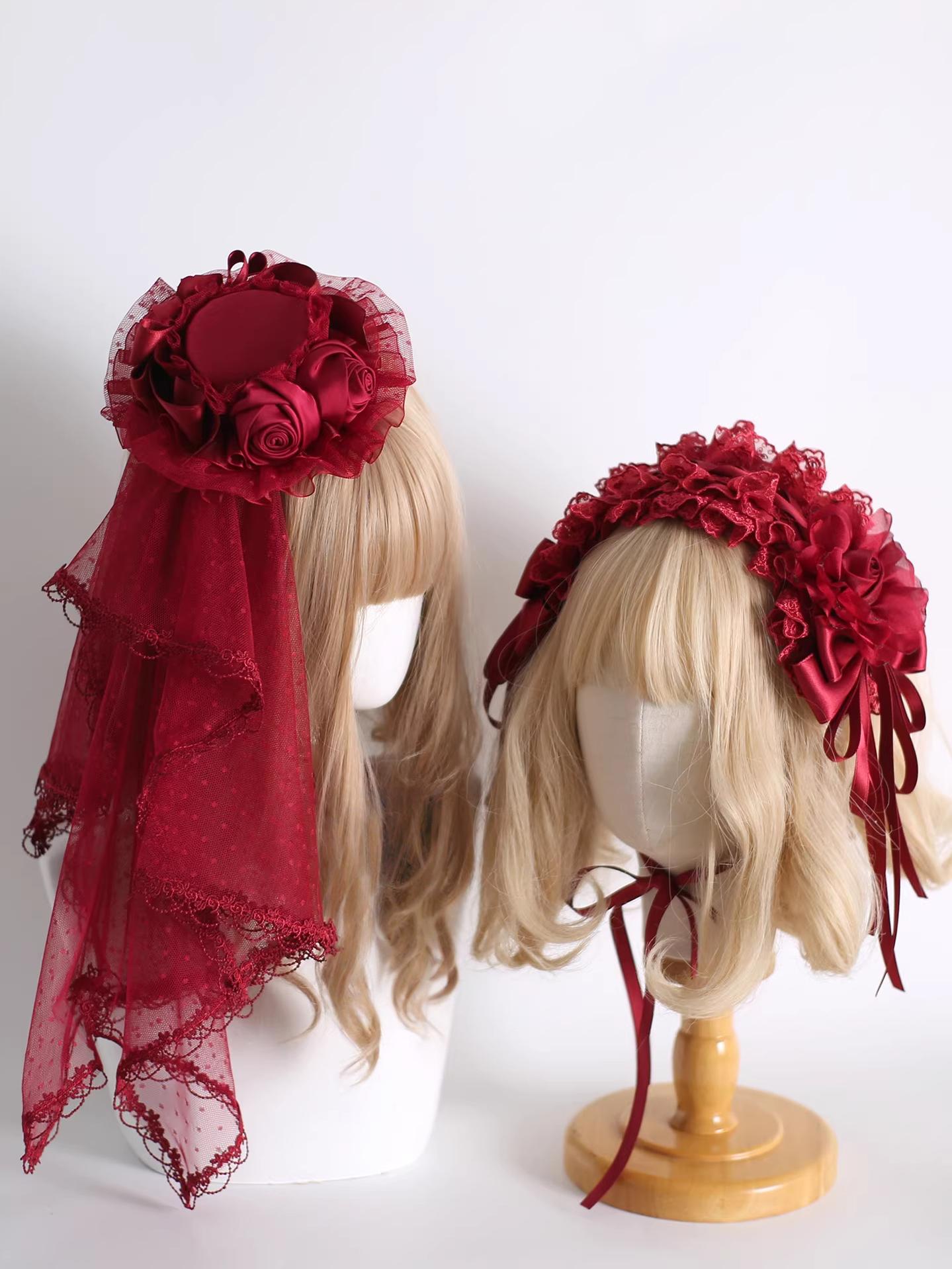 Dark Red Gorgeous Headdress, Floral Veils