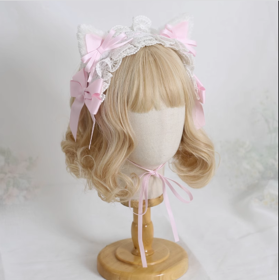 Xiaogui~Sweet and Lovely Lolita Cat Ear Bow Headband light pink cat ear hairband  