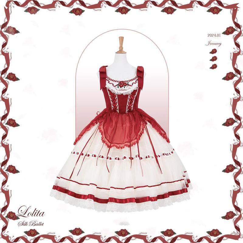 Mademoiselle Pearl~Silk Ballet~Wedding Lolita JSK Dress Princess Ballet Dress XS Long JSK (Red) 