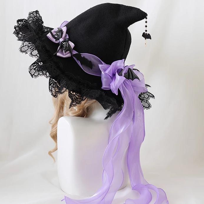 Xiaogui~Halloween Lolita Hat Devil Lace Woolen Witch Hat Children's size (head circumference within 54cm) Purple sequin yarn 