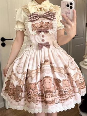 Akiyama Future Studio~Cute Lolita Salopette Dress Bear Print   