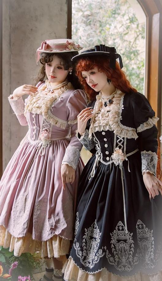 Amber Realm - Dream Strings - Embroidered Classic Lolita OP Dress, Princess Sleeves