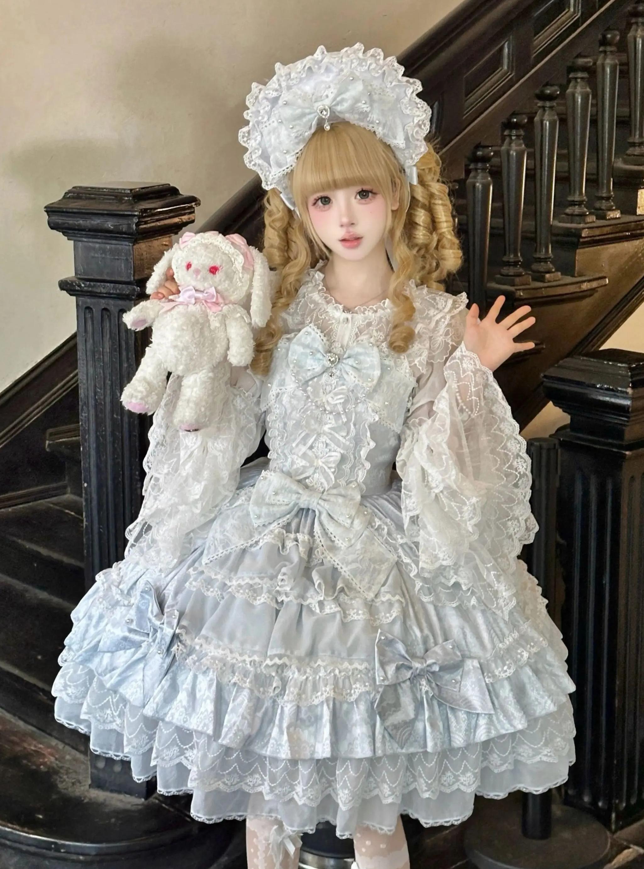 Slumbering Pearl Curtain - Sweet Lolita JSK Dress, Pearl Bows and Layered Lace (L M S) 45780:862495