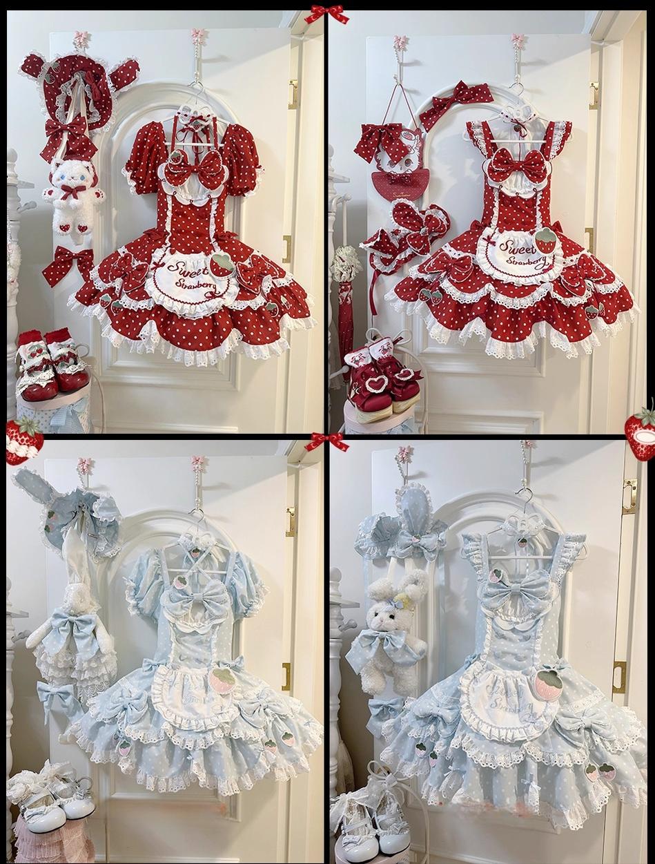 Salty Cream - Strawberry Polka Dot - Sweet Lolita JSK Dress Suit, Detachable Apron 43897:789452