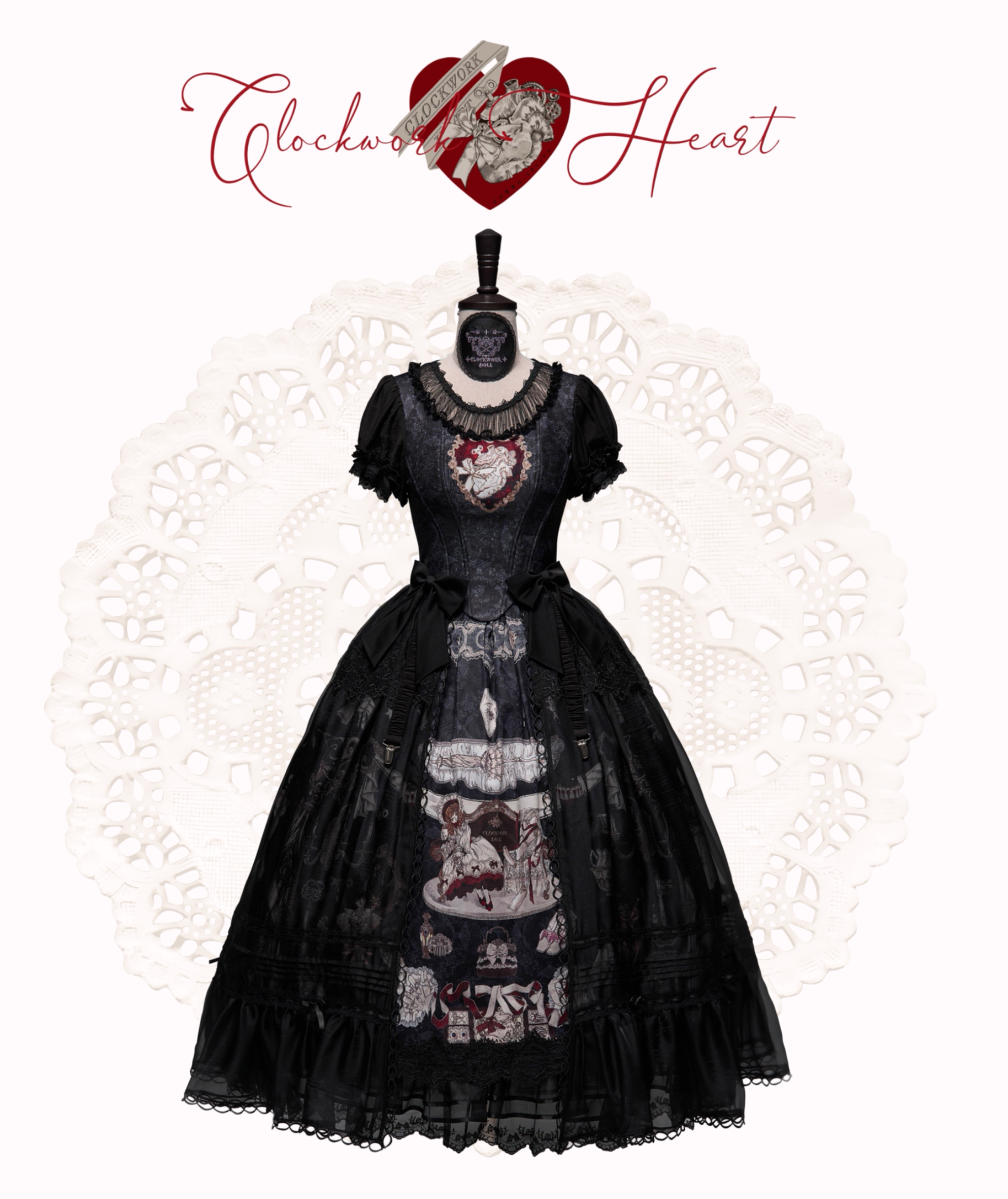 Clockwork Doll - Gothic Lolita Printed Dress, Lace & Bows (0 1 L M S XL) 45186:839348