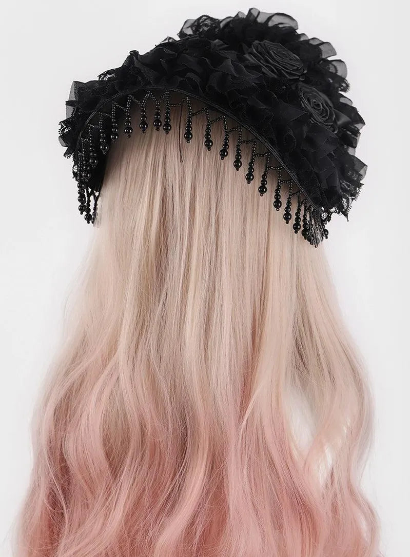 Gothic Lolita Black Hat, Rose & Bead Tassels