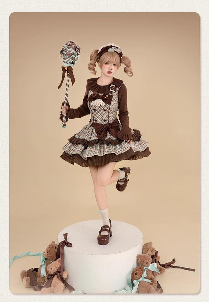 Tan Tuan - Chocolate Mint Day - Kawaii Lolita Jumper Dress, Tiered Ruffles, Sweater Cape