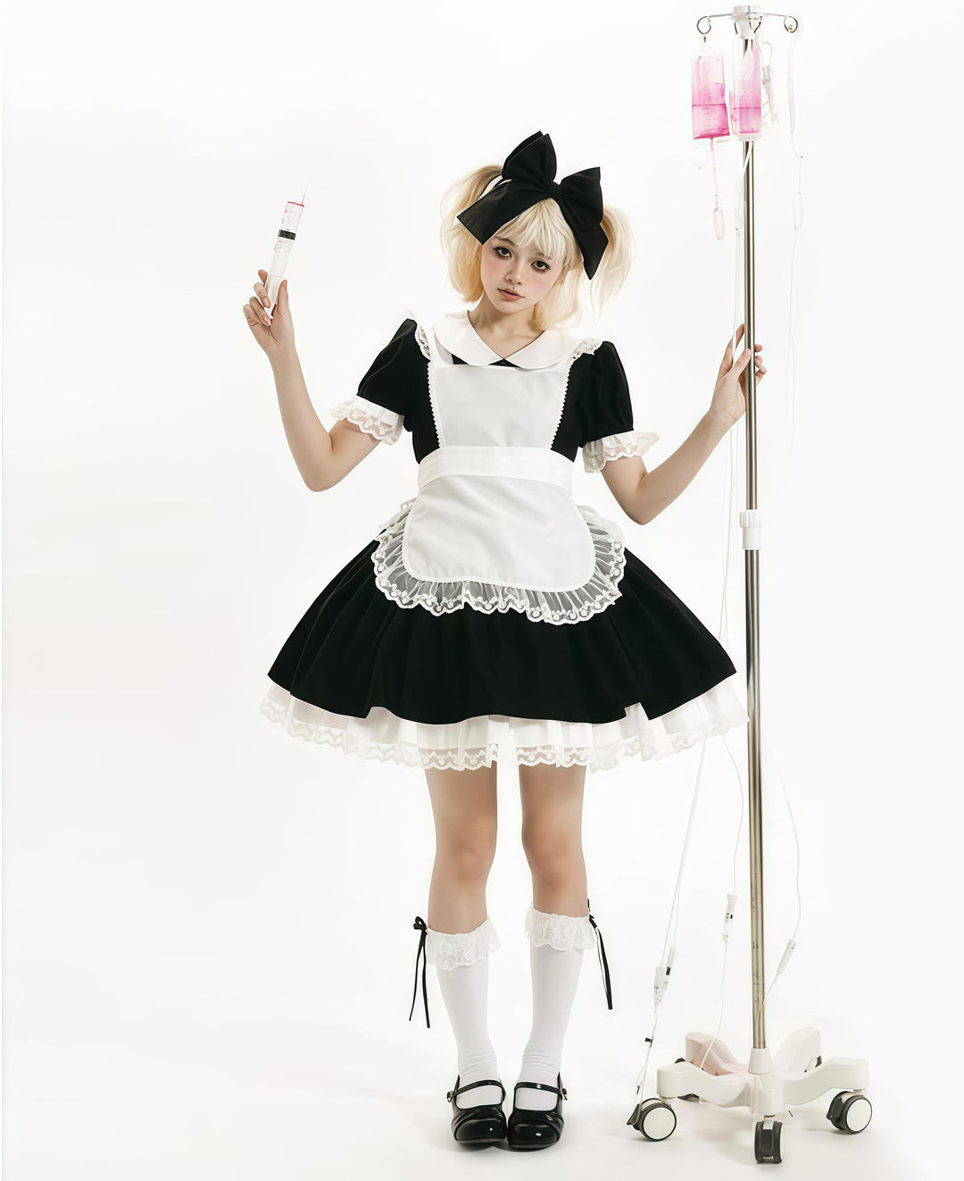 Daydream Whisper~Dream Doll~Plus Size Maid Lolita OP Suit Black and Blue Dress Black Short OP + Apron S