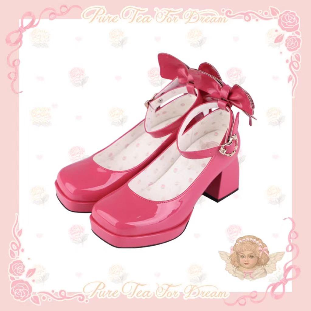 Pure Tea For Dream~Untouchable Butterfly~Elegant Lolita Heels Lolita Shoes PU Shining Platform 34 Barbie Powder (Mid-Heel) 