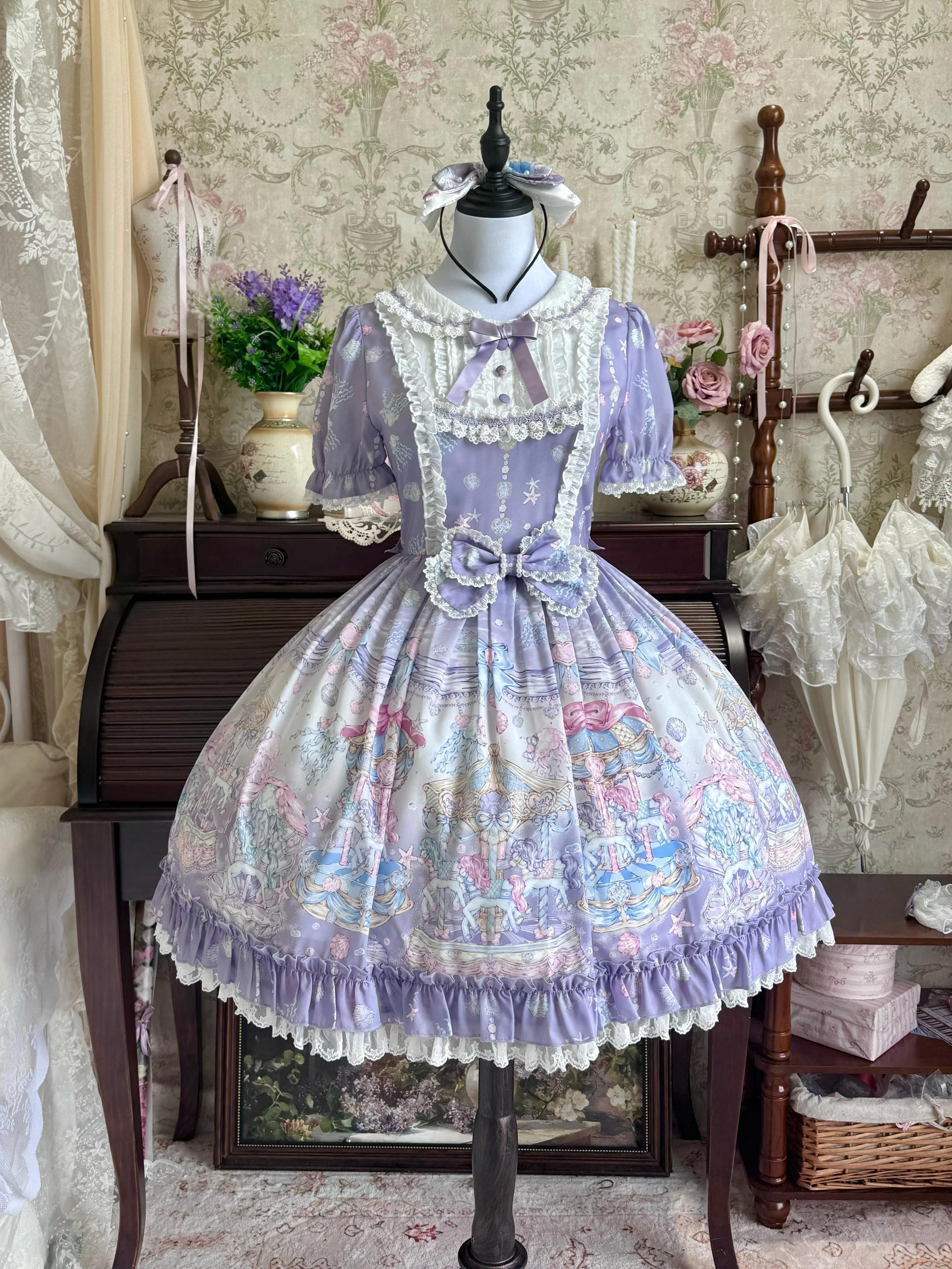 Glimmering Carousel - Sweet Lolita OP & JSK Dress Set, Ocean Carousel Print (L M S XL) 45827:863942