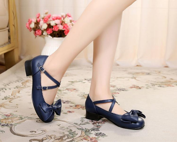 Sosic~Bow and Low Heel Cross Band Lolita Leather Shoes   