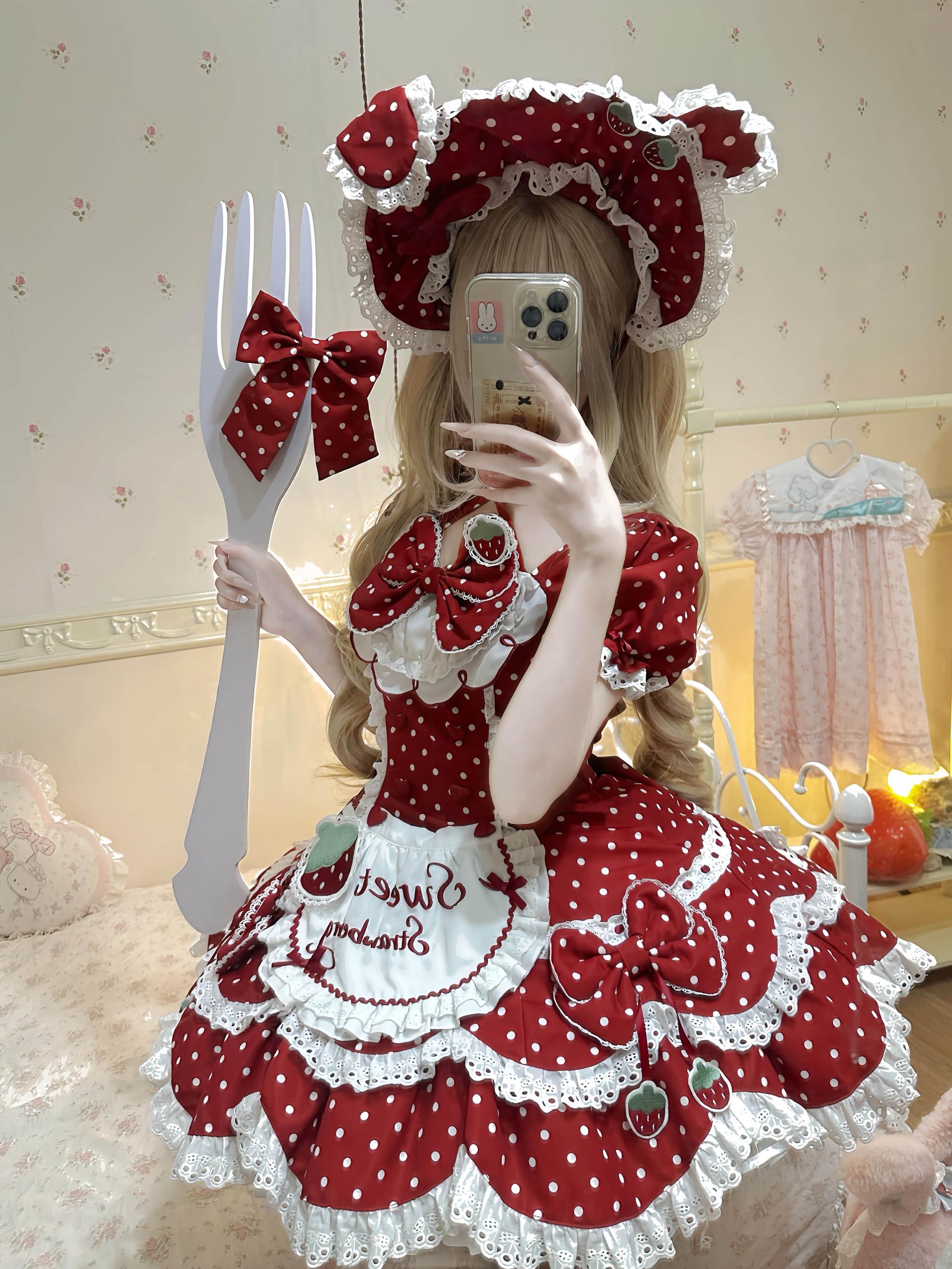 Salty Cream - Strawberry Polka Dot - Sweet Lolita OP Dress, Detachable Apron