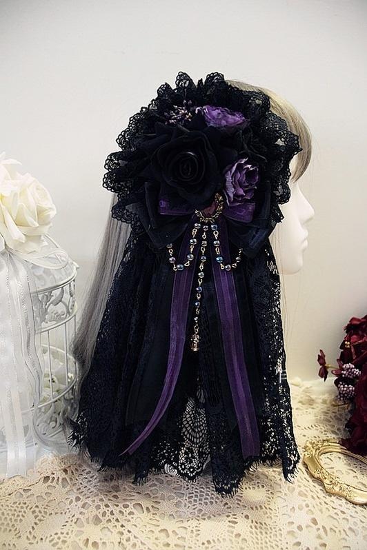 Sweet Jelly Lolita - Gothic Lolita Hanamaru Headpiece Lace Headdress Black x Purple