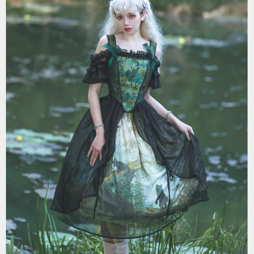 Cyan~Morning of Pine Forest~Elegant Lolita Bear Print Skirt   