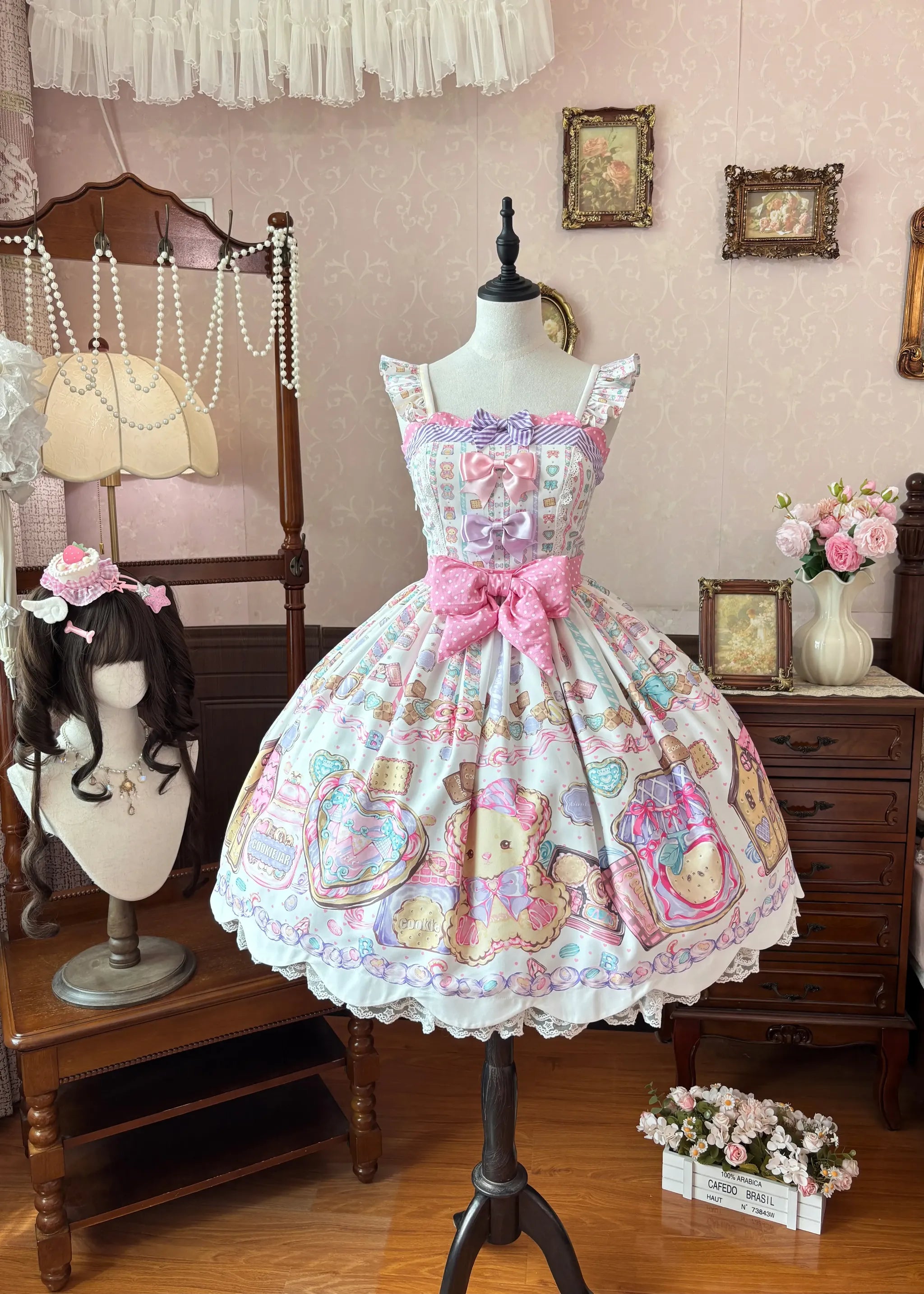 Sugar Frost Cookie - Old School Lolita Bear Dessert Printed JSK Dress (L M S XL) 45661:857394