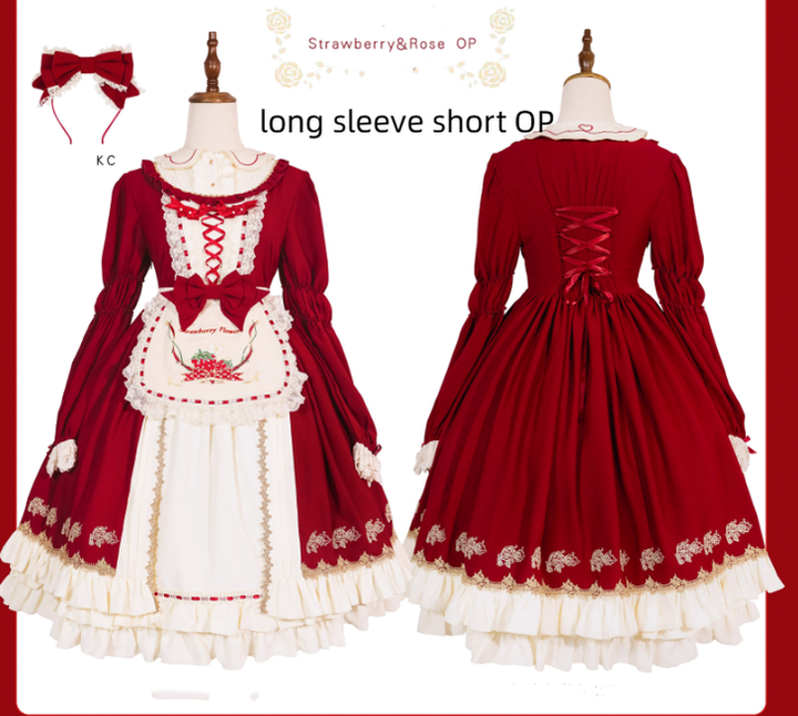 Strawberry Witch~Tochigi Girl~Sweet Lolita Strawberry Embroidered Dress full set (a long sleeves dress+an apron+a KC) S 