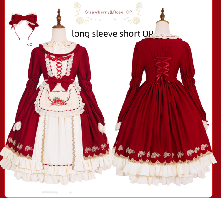 Strawberry Witch - Tochigi Girl - Sweet Lolita Strawberry Embroidered Dress full set (a long sleeves dress+an apron+a KC)-Preorder S