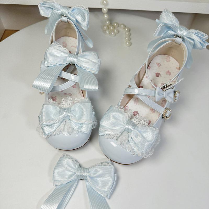 Cloud Satin Dream - Sweet Lolita Shoes, Ribbon Bows & Round Toe Blue low heels 35