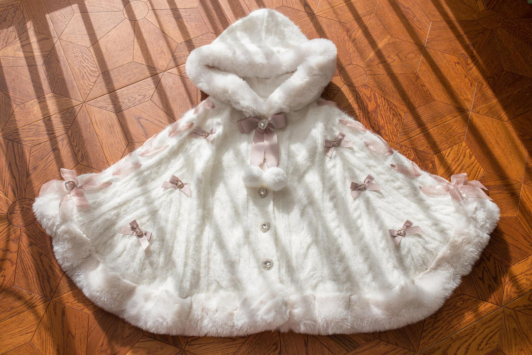 MIST~Sweet Bliss~Sweet Lolita Cape Winter Lolita Sweater Coat White-pink cape coat only Free size - no weight restrictions on fit