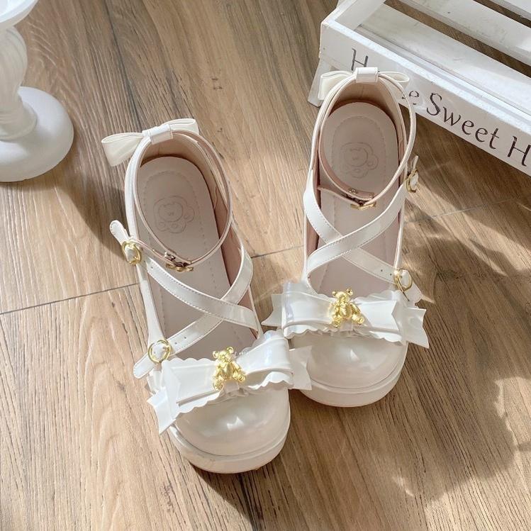 Meng Ka Jiang - Dreamy Bear - Sweet Lolita Shoes, Transparent Heel With Embedded Bear White 34