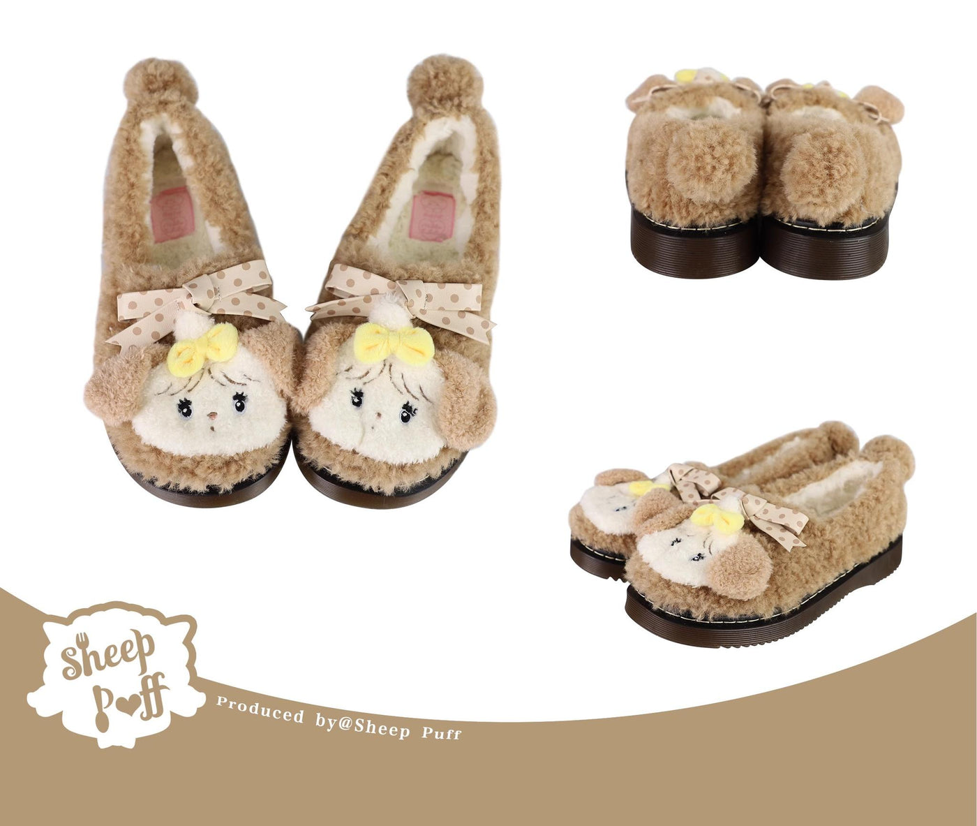 Sheep Puff~Mikko Rolled~Winter Lolita Shoes Warm Cotton Fleece Shoes Light brown 34 