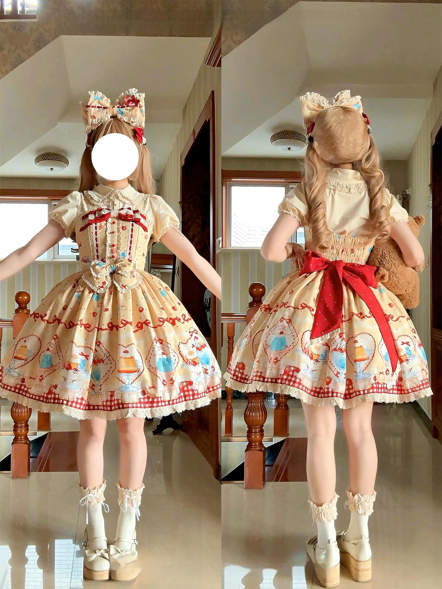 DreamWhale - Showa Dessert Showcase - Kawaii Lolita Dress Suit Pudding-Inspired JSK/Salopette