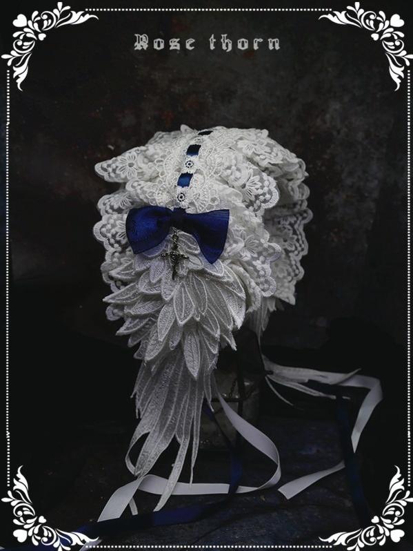 Rose Thorn~Angel Wings~Embroidered Crafted Headband Elegant Lolita Hair Accessories White + dark blue  