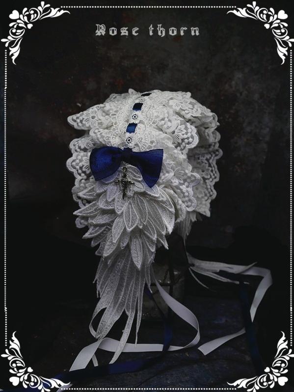 Rose Thorn - Angel Wings - Embroidered Crafted Headband Elegant Lolita Hair Accessories White + dark blue
