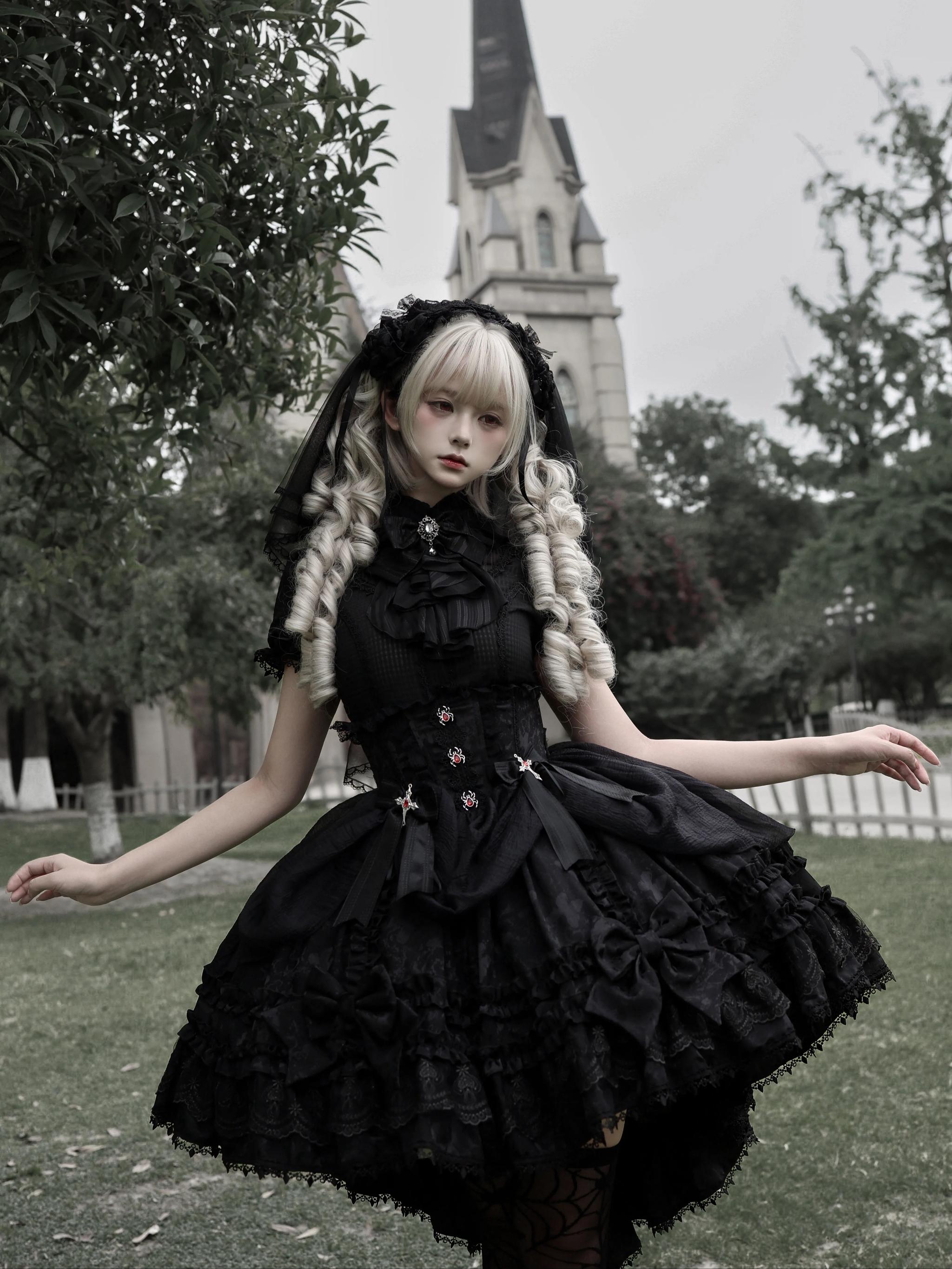 Spider Cross Knot - Gothic Lolita Skirt Set, High-low Hem and Fishbone Waist 45733:860167