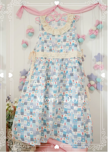 Mori Doll~Mori Style Apron~Daily Lolita Colorful Patterns Apron Dress free size blue plaid 