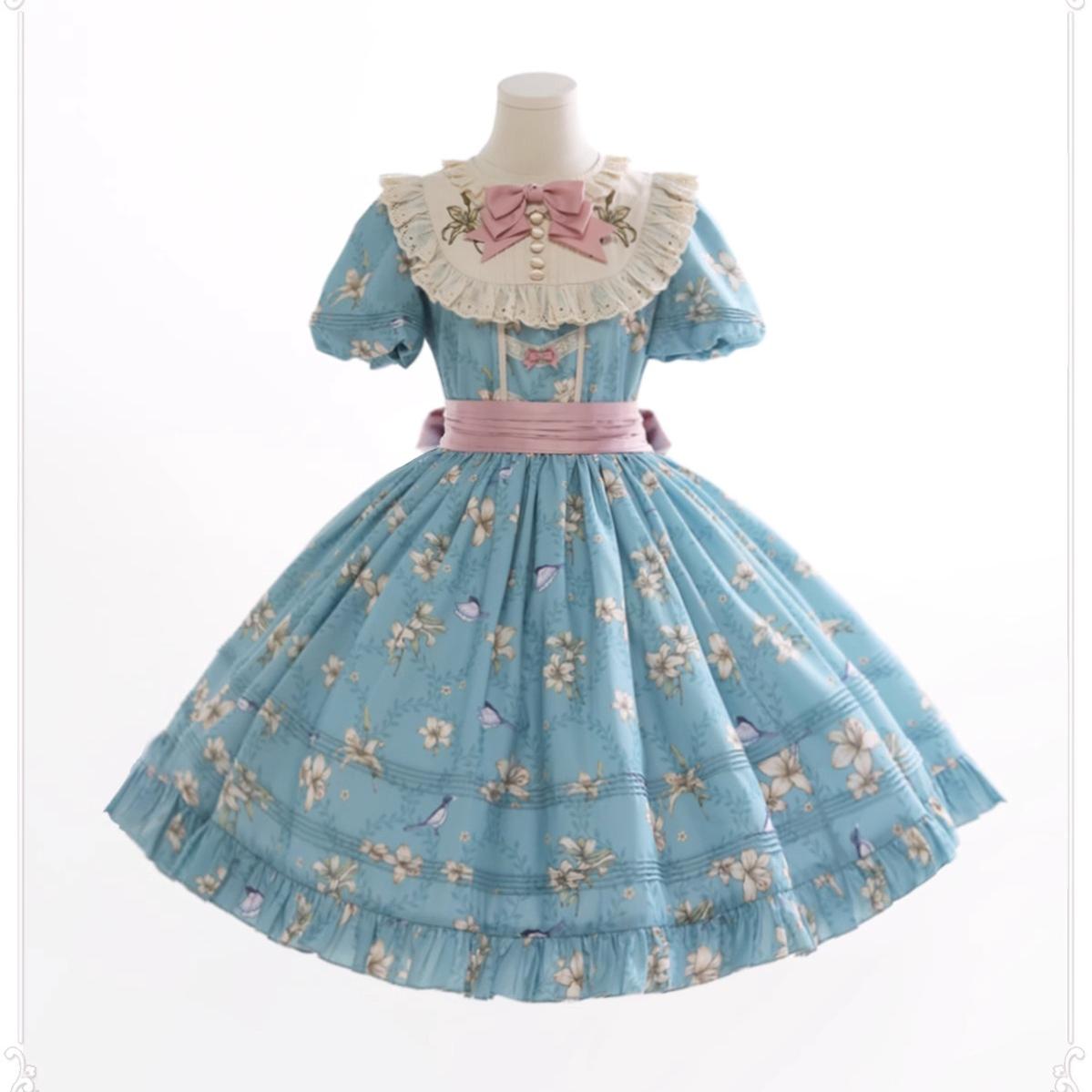 Dark Star Island~Lily&Mountain Breeze~Lily Printed Embroidery Lolita Long/Short OP S Short OP in blue 
