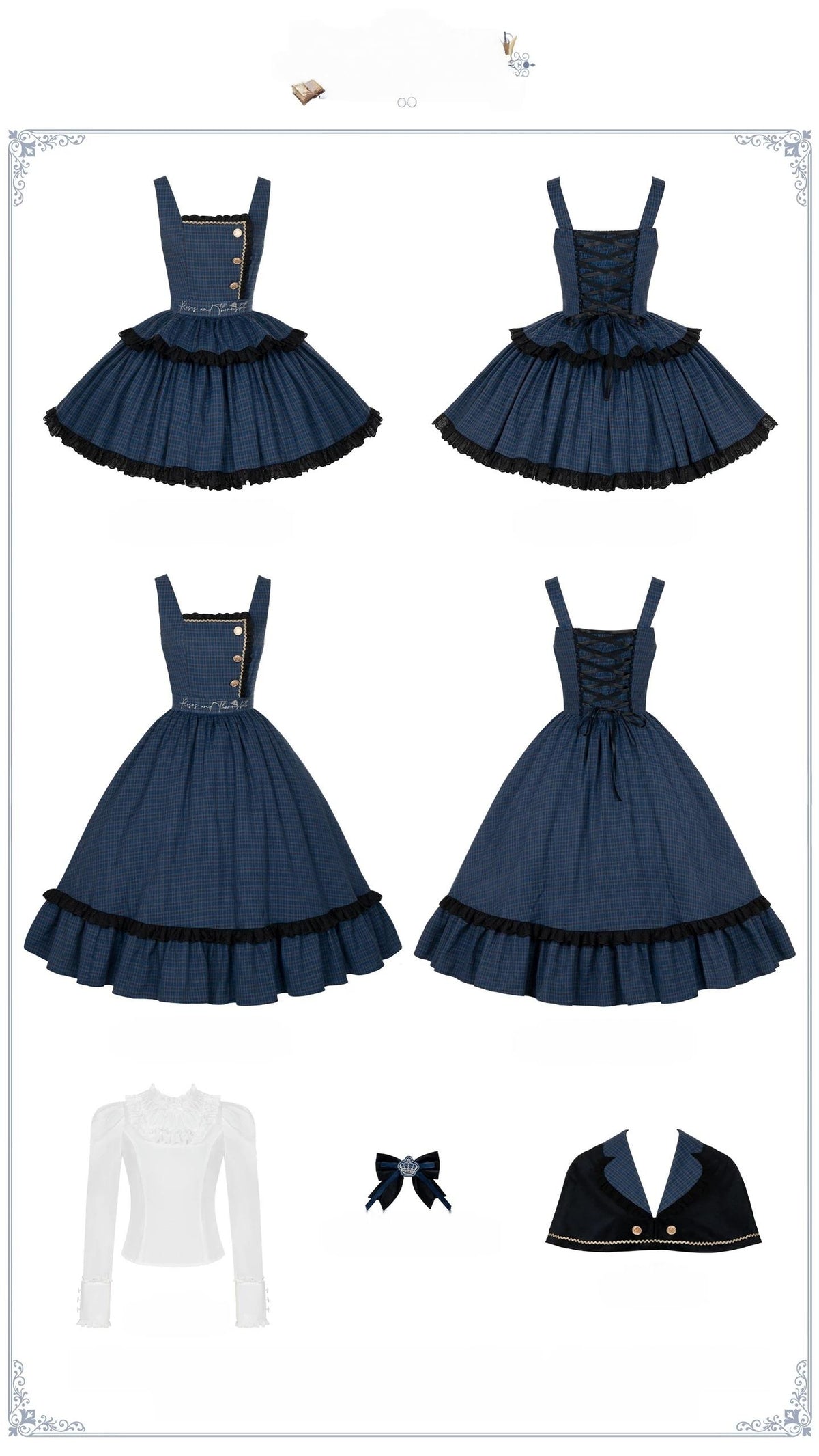 Heide Diary - Classic Lolita Blouse & JSK Dress Set, Blue Plaid