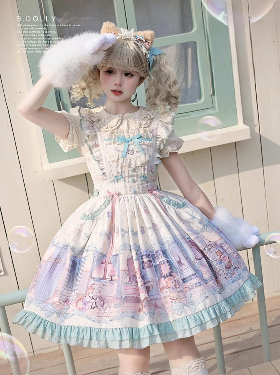 Baduoni~Dream Core Childhood~Kitty Printed Sweet Lolita JSK with Cute Headband