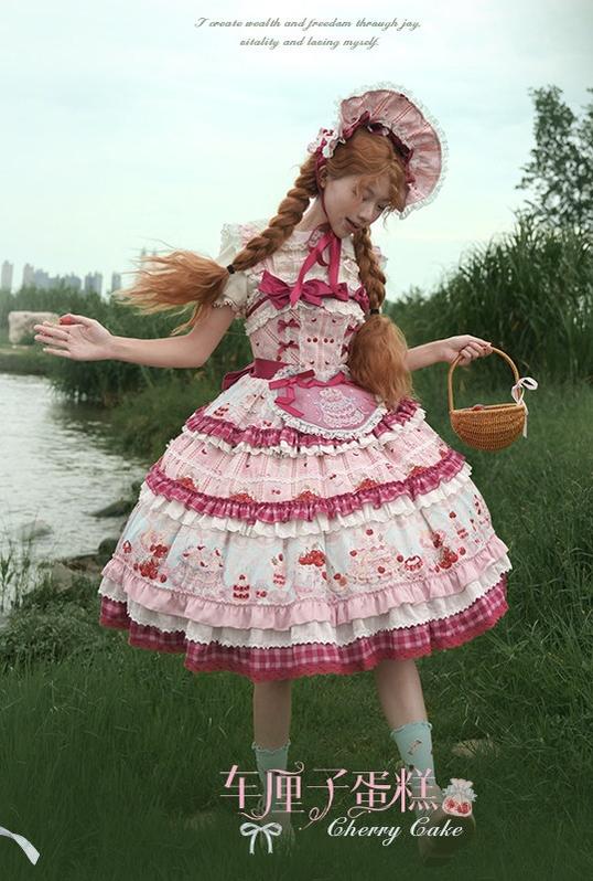 Cherry Cake - Printed Sweet Lolita JSK Dress, Embroidered Apron 44904:827171