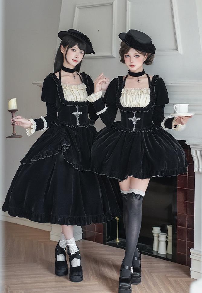 Ozz ポンチョ Gothic Lolita Gothic Lolita Velvet OP Dress Set, Fishbone Waist