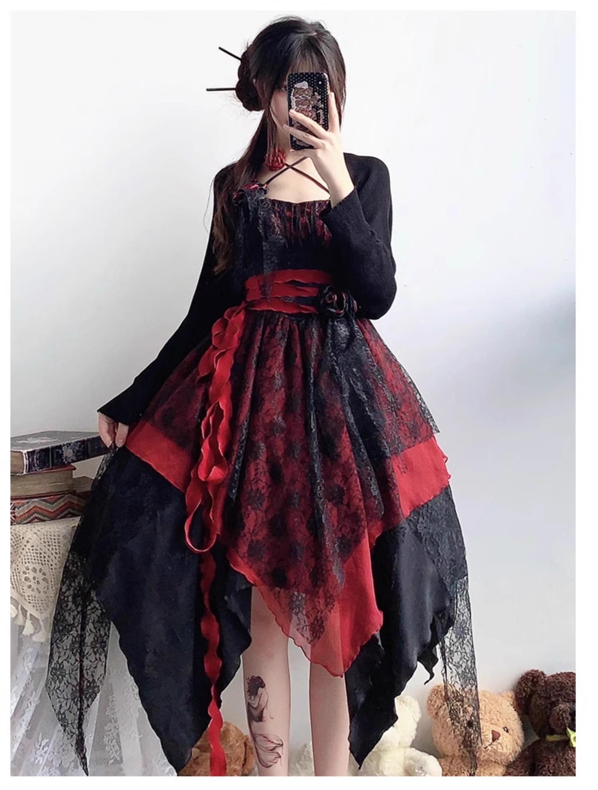 With PUJI - Rose Leaf - Irregular Daily Lolita JSK Dress in Wabi-Sabi Style