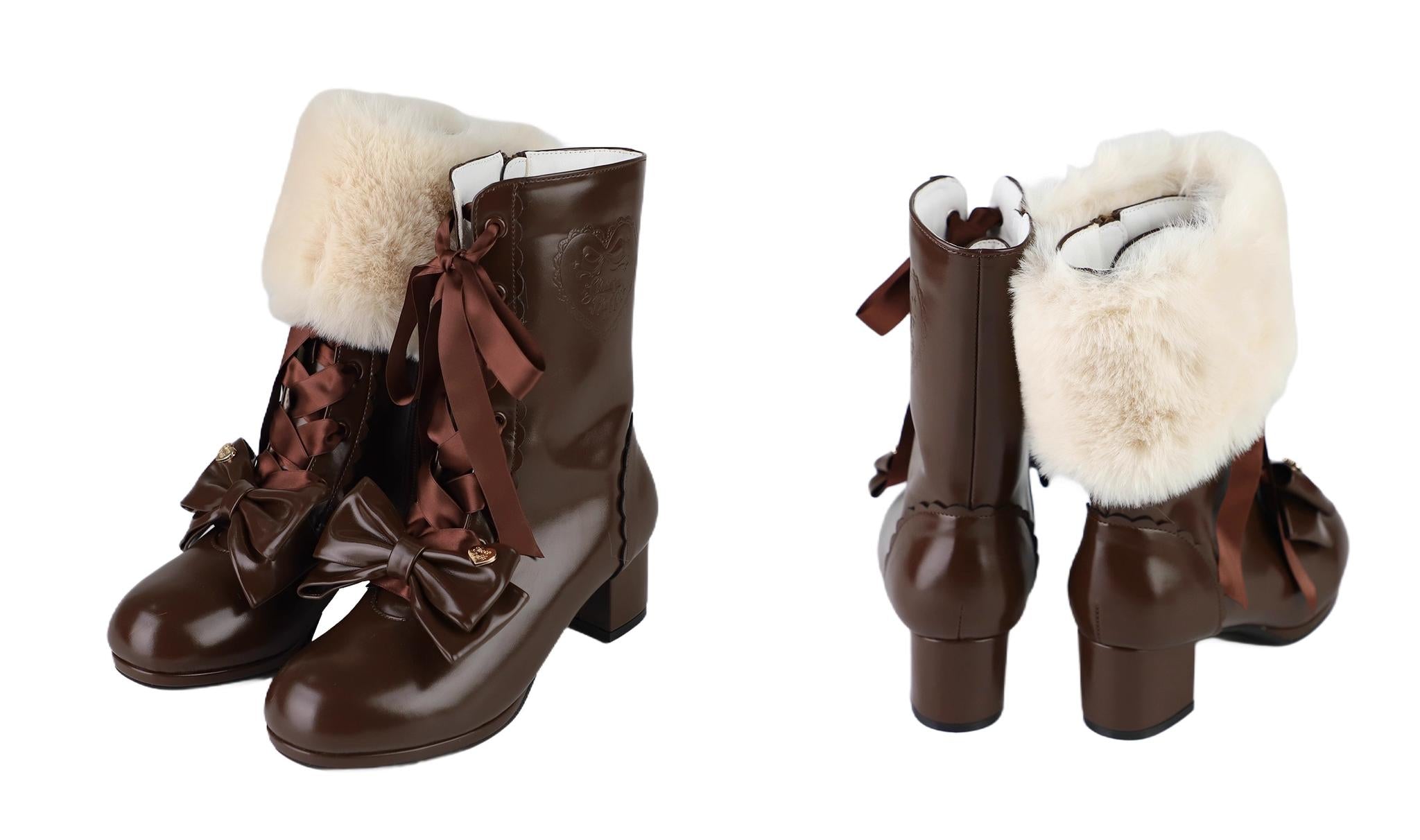 Sheep Puff - Snowy Mochi - Kawaii Lolita Winter Boots, Detachable Fur Trim (棕色 / 35 36 37 38 39 40) 43995:791503