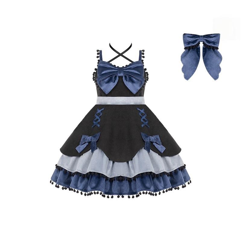 With PUJI - Confession Function - Wool Kawaii Lolita JSK Dress Suit S Dark Blue JSK + Back Bow Trailing