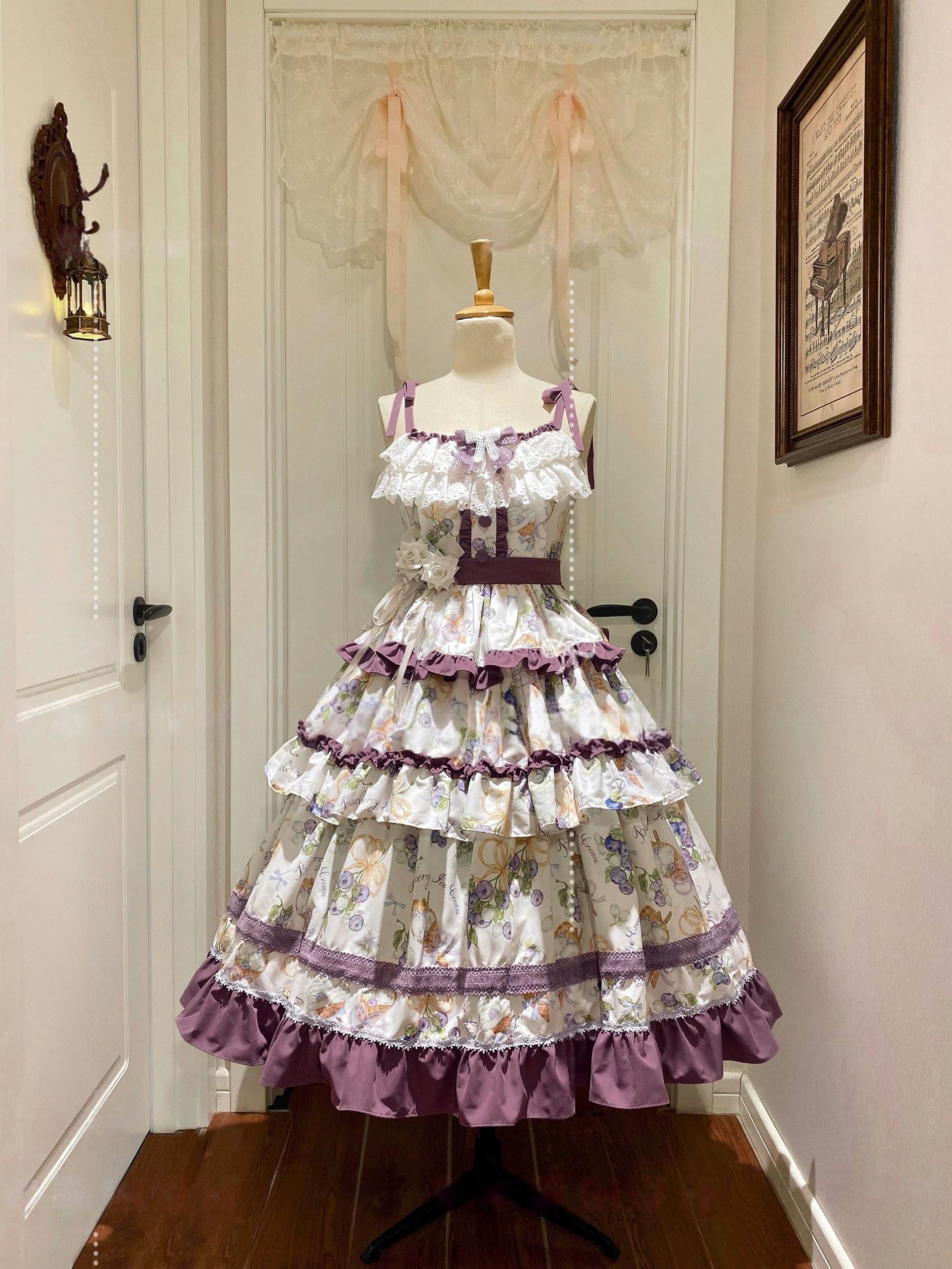 Qianmu - Blueberry Midsummer - Country Lolita Tiered JSK, Blueberry Print 44322:805699