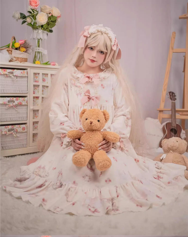 Baduoni~Starry With Moon~Winter Sweet Lolita Nightgown Dress Flannel Dree with Pants