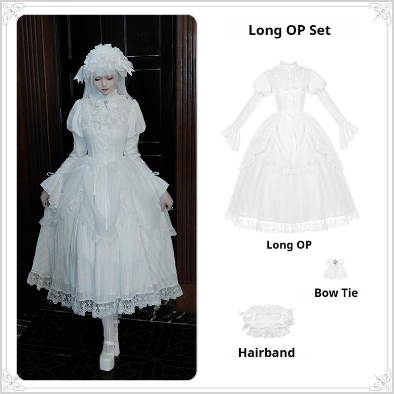 With PUJI - Fallen Heaven - White Gothic Lolita OP Set, Double Layered Skirt Long 3-piece Set (long OP + bow tie+ hairband) S