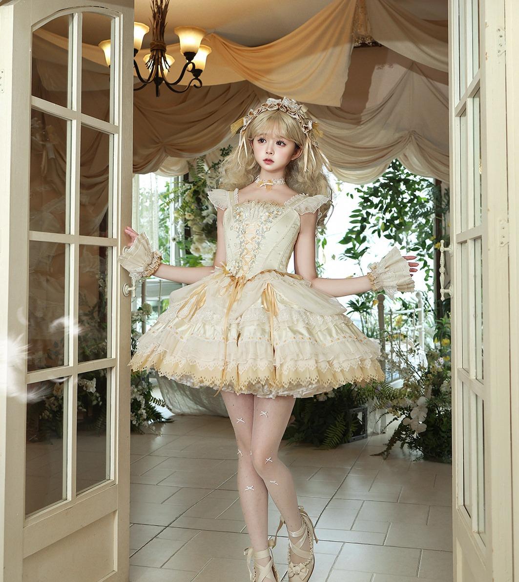 Yellow Blossom & Rose - Sweet Lolita Floral Embroidery JSK, Drawstring Lift-up Hem