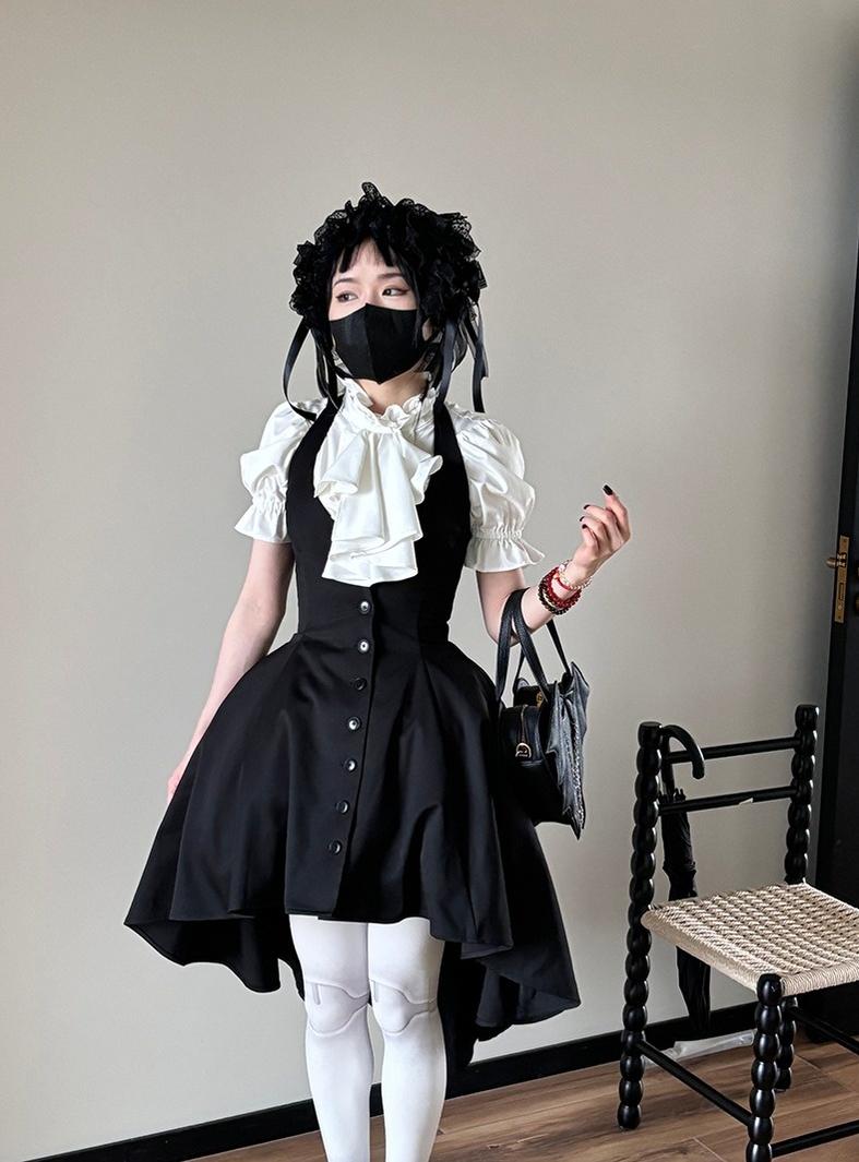 FlowerFairyDaily~Trace Night~Gothic Lolita Short-sleeved Shirt with Adjustable Waist