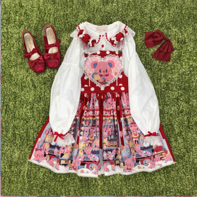 Chemical Romance~Sweetheart Doll Machine~Sweet Lolita Printed Salopette S with lace red