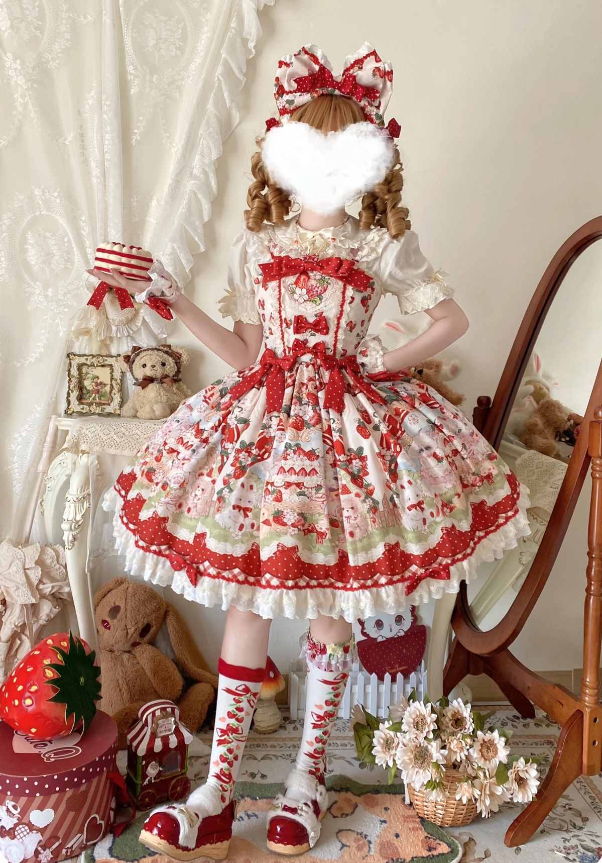 Strawberry Cat - Printed Sweet Lolita JSK Dress, Embroidered Strawberry