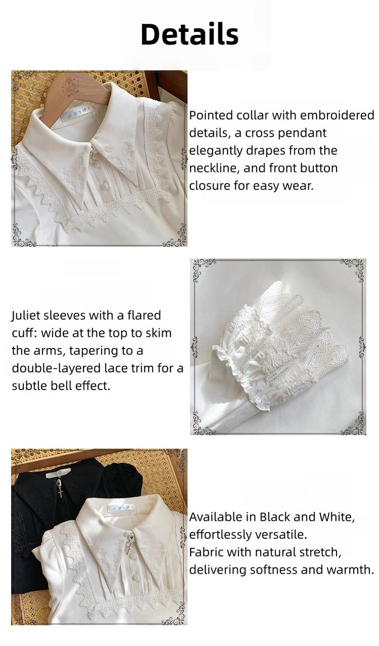 With PUJI - The Vow - Solid Lolita Sweater, Juliet Sleeve, Pointed Collar