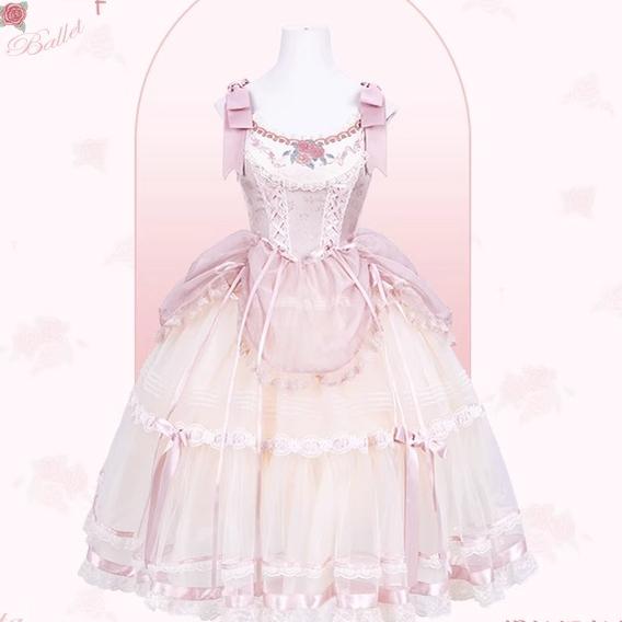 Flower and Pearl Box~Silk Ballet~Wedding Lolita Pink Bridal JSK Set tulle long JSK XS 