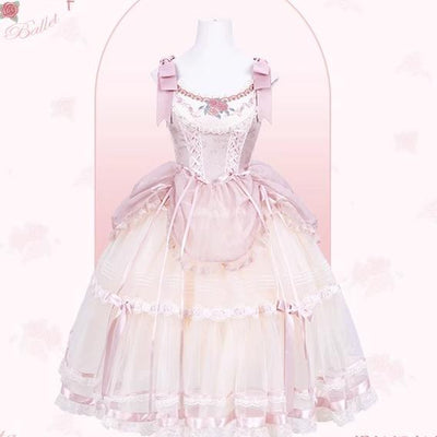 Flower and Pearl Box~Silk Ballet~Wedding Lolita Pink Bridal JSK Set tulle long JSK XS 