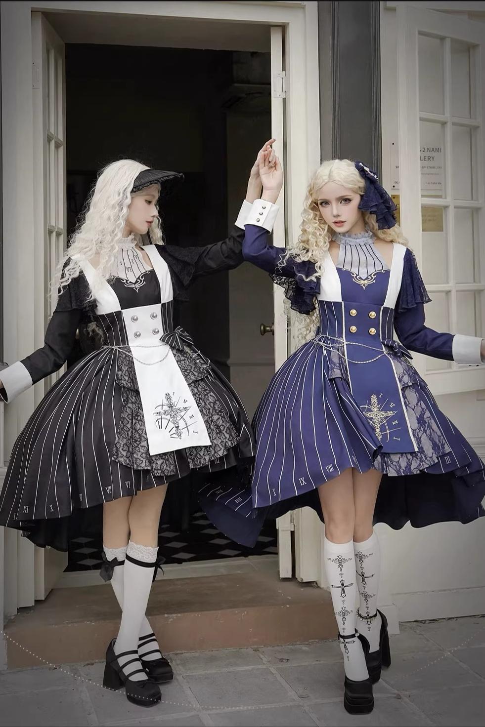 The Choir of the Church - Striped Gothic Lolita Dress Set, High-low Hem