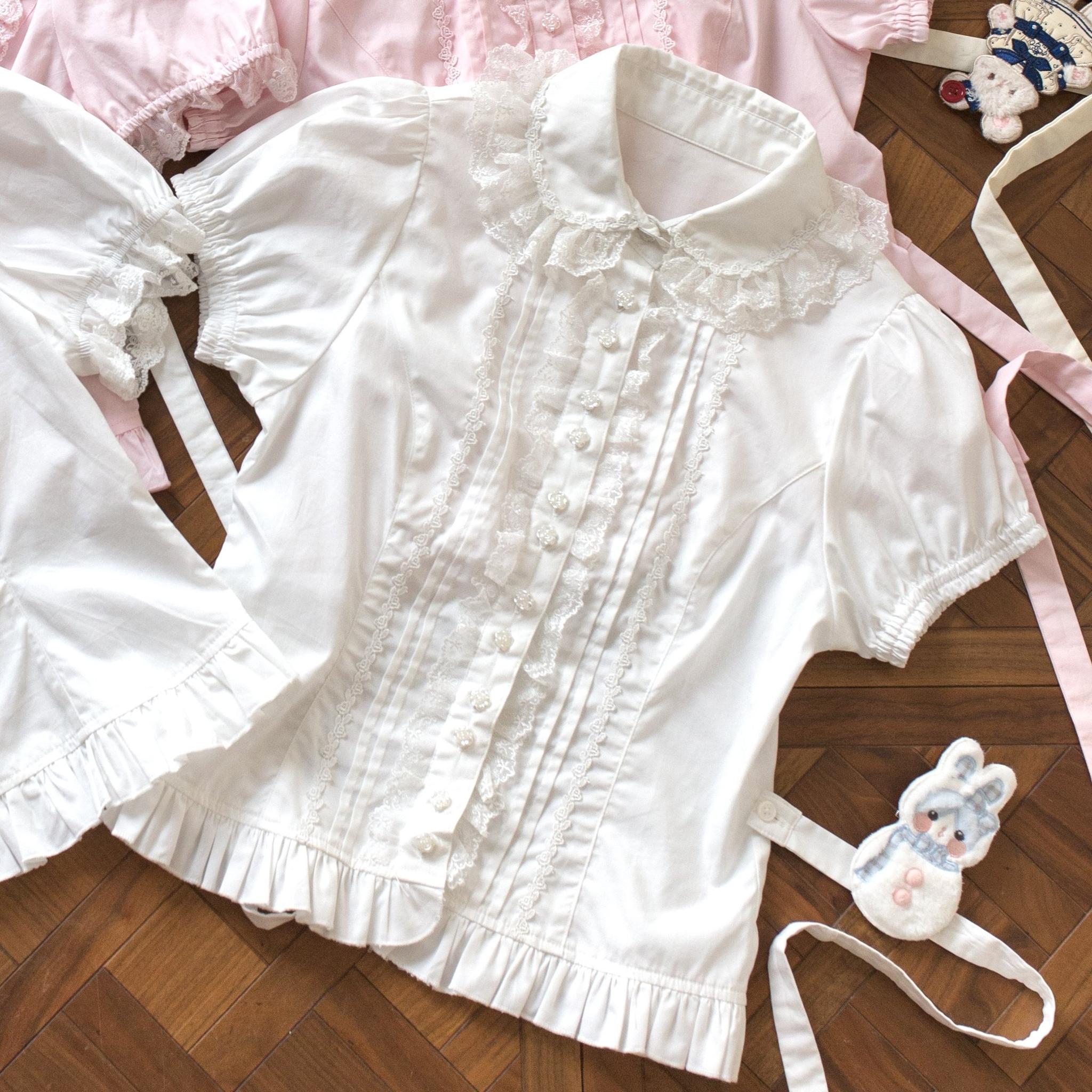 Sugar Heart Rose - Old School Lolita Cotton Blouse with Ruffles White Blouse - Double-layer Collar S